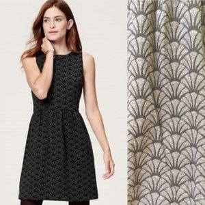 LOFT Gray and Black Art Deco Fan Print Dress NWT
